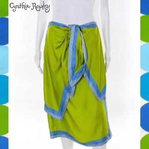 CYNTHIA ROWLEY Lime/Blue Silk Tie Asymmetric Skirt